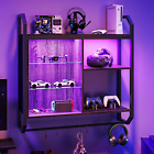 Gaming Floating Shelf with LED Lights - Adjustable Glass Shelf - Wall Mounted Di