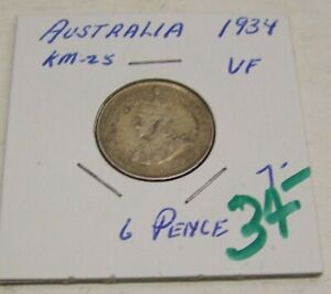 Australia - SIXPENCE -1934 - KM #25 - VF - 0.925 Silver - 2.82 GRAMS