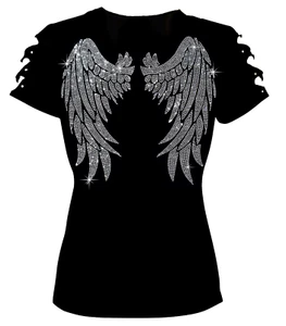 New Wide Angel Wings Women's Tops Rhinestone Shirt Ripped Slit Cut Out XS~4XL - Picture 1 of 3