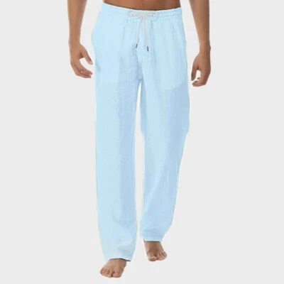 Mens Cotton Linen Loose Pants Casual Drawstring Beach Yoga Baggy Long Trousers - Image 1 of 4
