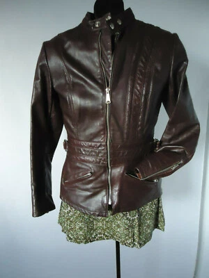 CHAQUETA MOTERA VINTAGE AÑOS 80 MUJER CUERO CAFÉ RACER 12 LAC-DROLET CANADÁ Foto 1 de 4