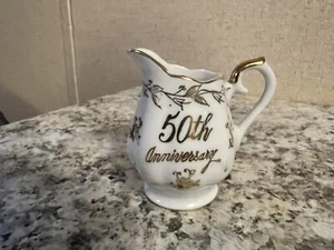 Gorgeous Miniature White/Gold Porcelain 50th Anniversary Commemorative Pitcher - Picture 1 of 5