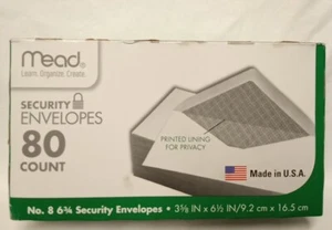 MEAD #75355 3-5/8 x 6-1/2 SECURITY ENVELOPES PRINTED PRIVACY LINING 80 COUNT, #8 - Picture 1 of 1