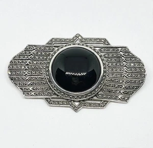 Vintage HEIRLOOM 73 Art Deco Style Sterling Marcasite Black Onyx Pin Brooch 32g - Picture 1 of 7