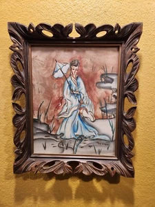 Vintage Holz gerahmt handbemalt Aquarell Norman Tolson Kunst Mann mit Regenschirm - Bild 1 von 10