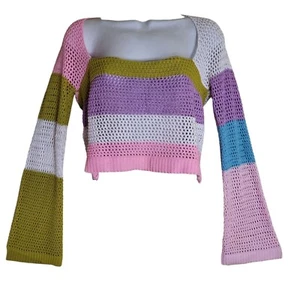 Open-work Knit Sweater Size S Cropped Long Sleeve Rainbow Stripe Cotton - Picture 1 of 4