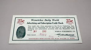 1933 DEPRESSION ÄRA HANDELSSCHRIFT WENATCHEE DAILY WORLD, WA BONITÄTSPRÜFUNG 25 CENT - Bild 1 von 6