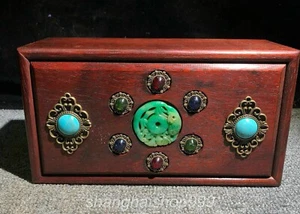 8.8" Old Chinese Huali Wood Inlay Green Jade Gem Carved Rectangle Jewelry Box - Picture 1 of 9