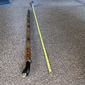 Antica manopola spavalderia legno intagliato/corno arte popolare bastone da passeggio canna vintage 36,5” #fh - Foto 1 di 24