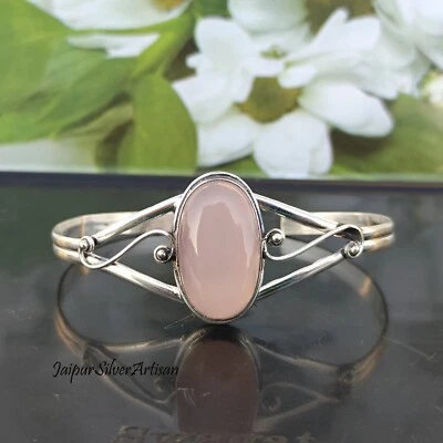 Brazalete Brazalete Brazalete de Piedras Preciosas de Cuarzo Rosa Plata de Ley 925 Joyería Brazalete Brazalete Foto 1 de 4