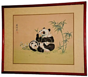 Antique Original Vintage Signed Seal Chinese Panda Bear Silk Watercolor Painting - Picture 1 of 12