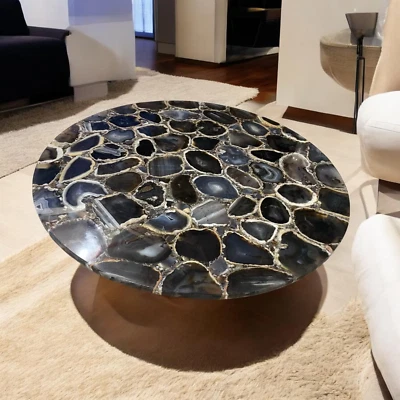 24" Black Agate Round Coffee Table Top | Handmade Gemstone Sofa Console Decor - Image 1 of 4