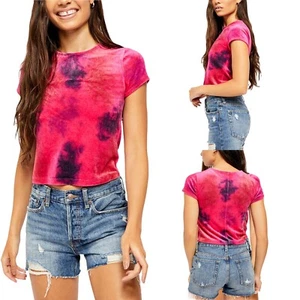 Free People Fantastic Pink Combo Tie Dye Velvet Short Sleeve Tee Size X-Small - Picture 1 of 4