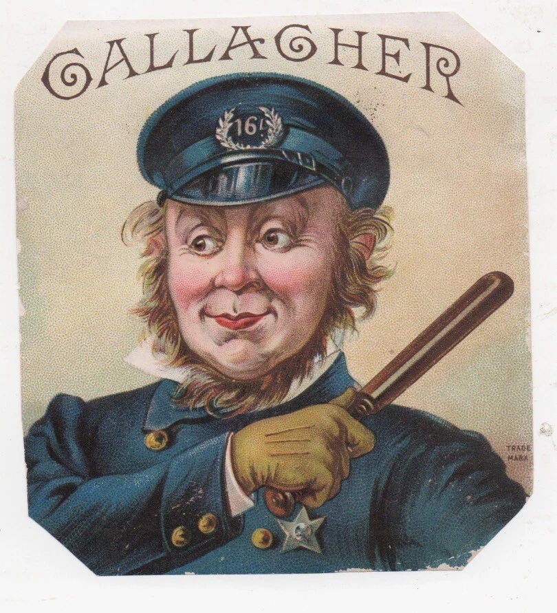 Etiqueta de cigarro exterior de policía '' Gallagher" de la década de 1890 con insignia y Billy Club Foto 1 de 1