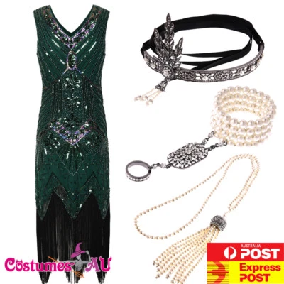 Ladies 20s 1920s Green Roaring Flapper Costume Sequin Gatsby Party Fancy Dress - Image 1 of 4