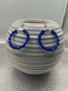 Silver Hoop Earrings with Dark Blue Swarovski Crystals - Picture 1 of 1