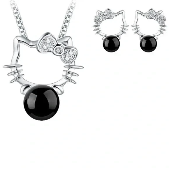 Hello Kitty Set in 925 Sterling silver Stamped Necklace and Earrings. - Image 1 of 4