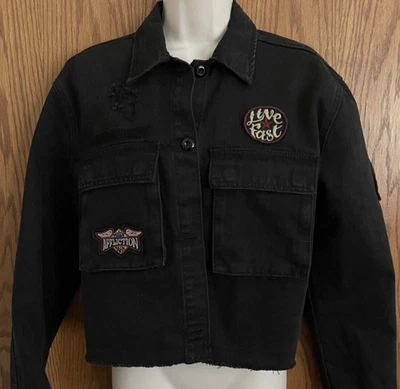 Chaqueta de Jean Affliction Negra Desgastada Denim Recortada Sin Dobladillo Para Mujer Talla Med. Foto 1 de 4