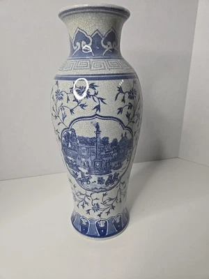 Jarrón vintage de porcelana pintado a mano azul y blanco Chinoiserie 14"  Foto 1 de 4