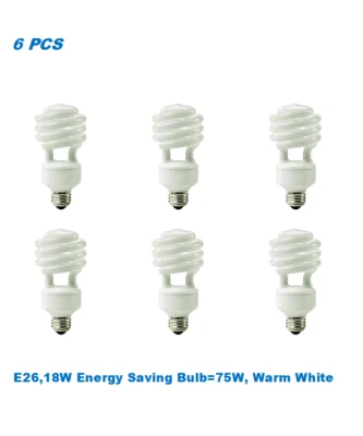 6 Bulbs,18W(75W Equivalent), Mini Spiral CFL Bulb, E26 Base,Warm White,UL Listed - Image 1 of 3