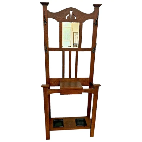 Antique Hall Tree Beveled Mirror Quarter sawed Umbrella Stand Oak Glove box Cover