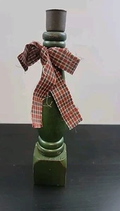 Primitive Rustic Country Folk Art Wood Green Spindle Taper Candlestick Holder - Picture 1 of 6