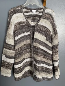 Women's J. Jill Cardigan Open Front Sweater Chunky Knit Stripped Grays Sz Med P - Picture 1 of 4