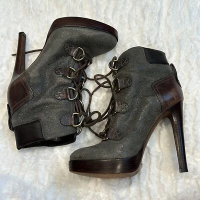 Tory Burch Lawson Botín Peltre Marrón Cuero Plataforma Stiletto Botines 7 M Foto 1 de 4