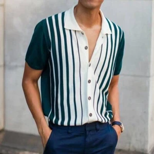 Mens Casual Loose Fit Short Sleeve Polo Shirt, Button Lapel, Polyester Blend, Pr - Picture 1 of 7