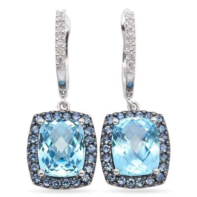 18K White Gold 7.4 Ct. Blue Topaz, Diamond, Sapphire Halo Drop Earrings - Image 1 of 4