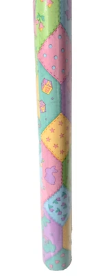 Amscan Wrapping Paper Gift Wrap Baby Shower Patchwork Bunny Bear Pastel Vintage - Image 1 of 4