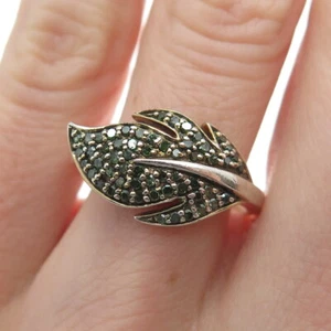 925 Sterling Silver Gold Plated Real Round-Cut Green Diamond Feather Ring Size 8 - Picture 1 of 8