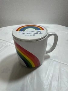 Vintage Rainbow Coffee Mug With Lid Has Bible Verse On And Rainbow On Lid. - Picture 1 of 8