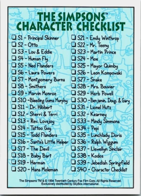 1994 SKYBOX THE SIMPSONS SET CHECKLIST #S40 BONGO TRADING CARD - Image 1 of 4