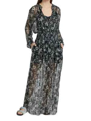 Rag & Bone Maxi Dress Plisse Metallic Sheer Black Calista Floral Size XXS - Image 1 of 4