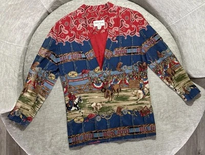 VTG 80s USA Sharon Young Rodeo Ropin Cowboy Cowgirl AOP Padded Blazer Jacket M - Image 1 of 4