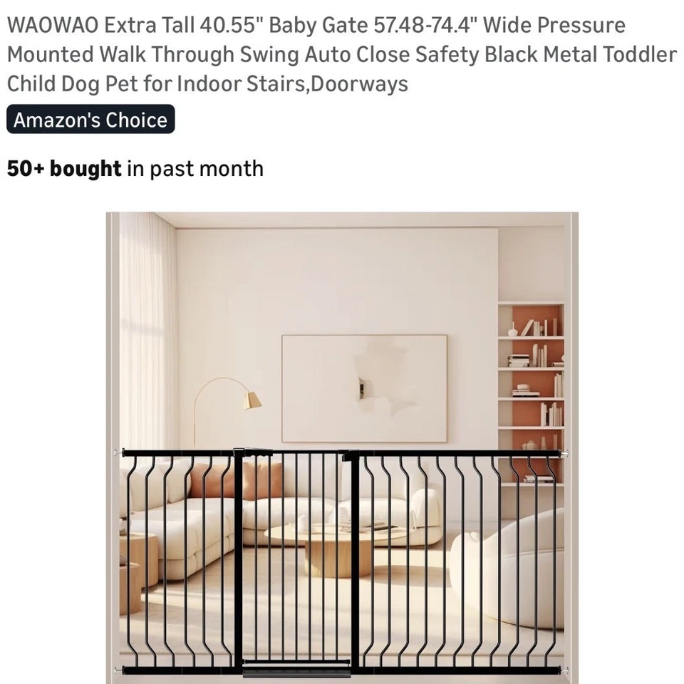 Puerta de seguridad extra alta de metal negro para bebé perro 40,55" 57,48-74,4" montada a presión Foto 1 de 4