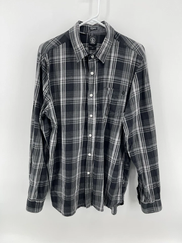 Volcom Long Sleeve Button Up Shirt Mens Size Large Classic Fit Black Gray Plaid - Image 1 of 4
