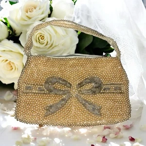 Vintage La Regale Beaded Sequin Pearl Like Clutch Bag Coin Purse Bow Ribbon - Picture 1 of 10