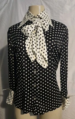 Sybil Black White Polkadot Blouse w Bow Scarf Belt Combo Womens 9/10 Prestine - Image 1 of 4