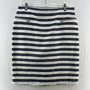 Ann Taylor Pencil Skirt Sz 12 Linen Blend Striped Zip Pockets Striped Navy White - Picture 1 of 7