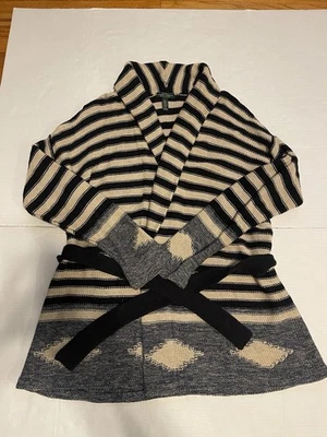 Lauren Ralph Lauren Women’s Large Cardigan Sweater Navy Cream Linen Blend Open - Image 1 of 4