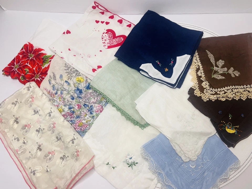 Vintage Handkerchiefs Lot Of 11 Embroidery Lace Bridal Seasonal Flowers - Image 1 of 1