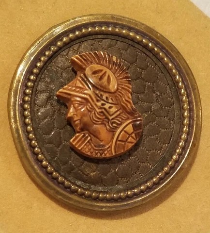 RARE ANTIQUE TINTED BRASS BUTTON WITH AN APPLIED TAN GLASS ACHILLES HEAD 1-1/2" Cover