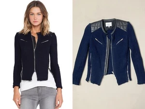 IRO Ceylona Jacket  $598 Navy sz S 36 / 4 Black leather trim waffle knit 20 - Picture 1 of 20