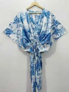 Indian Vintage 100% Cotton Long Beach Maxi Kaftan Dress One Size Caftan Kimono - Picture 1 of 9