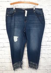 Cato Denim Jeans 22W Fringe Raw Hem Distressed Blue Stretch High Rise Crop - Picture 1 of 7