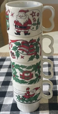 Juego de 4 tazas apilables Trimont Ware Japón vintage años 70 vacaciones de Navidad Foto 1 de 4