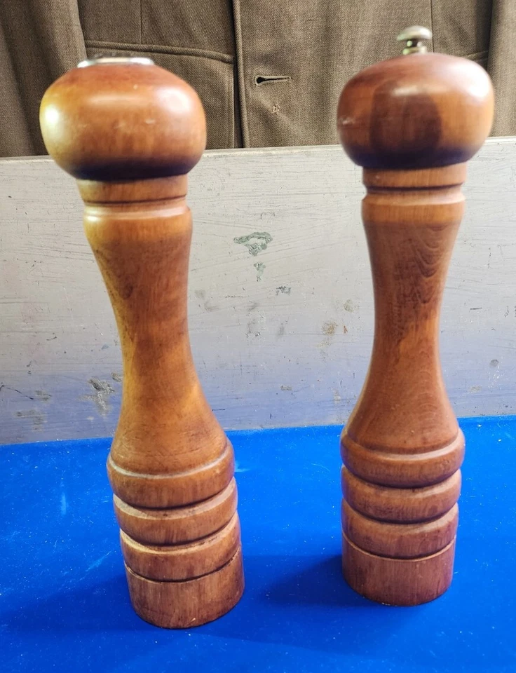Vintage Mid Century Baribocraft Wood 12" Pepper Grinder Mill & Salt Shaker Set - Image 1 of 4