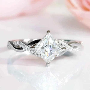 2Ct Princess Cut Lab-Created Diamond Halo Engagement Ring 14K White Gold Plated - Picture 1 of 8